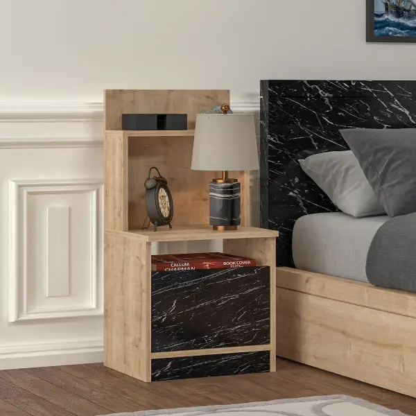 Tilia Nightstand with A Cabinet and Shelves - Oak & Black Marble Effect