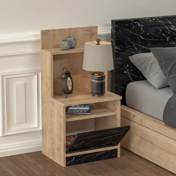 Tilia Nightstand with A Cabinet and Shelves - Oak & Black Marble Effect