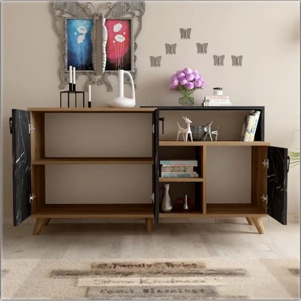 Lilium Sideboard with Cabinets and Shelves - Walnut & Black Marble Effect