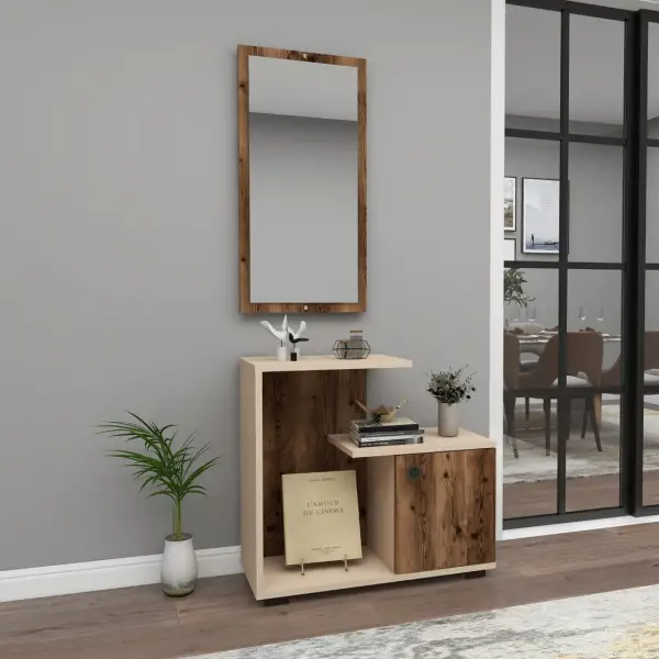 Ales Dresuar Console Table with Cabinet, Shelves and Mirror - Light Walnut / Beige