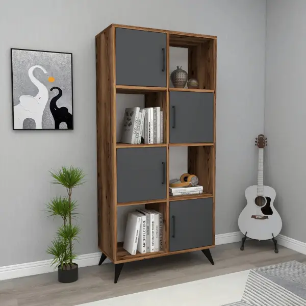Nyx Bookcase with Cabinets and Shelves - Light Walnut / Anthracite