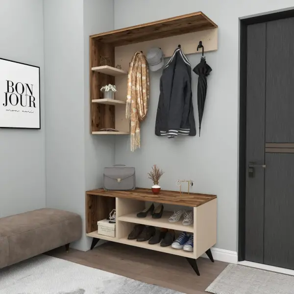 Cassia Hallway Coat Rack with Shelves - Light Walnut / Beige