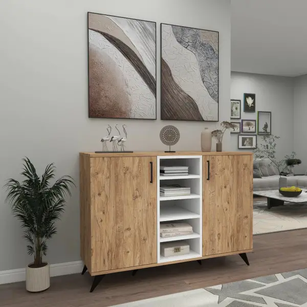 Octavia Sideboard with Cabinets and Shelves - Atlantic Pine / White