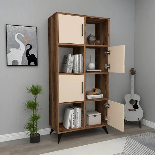 Nyx Bookcase with Cabinets and Shelves - Light Walnut / Beige