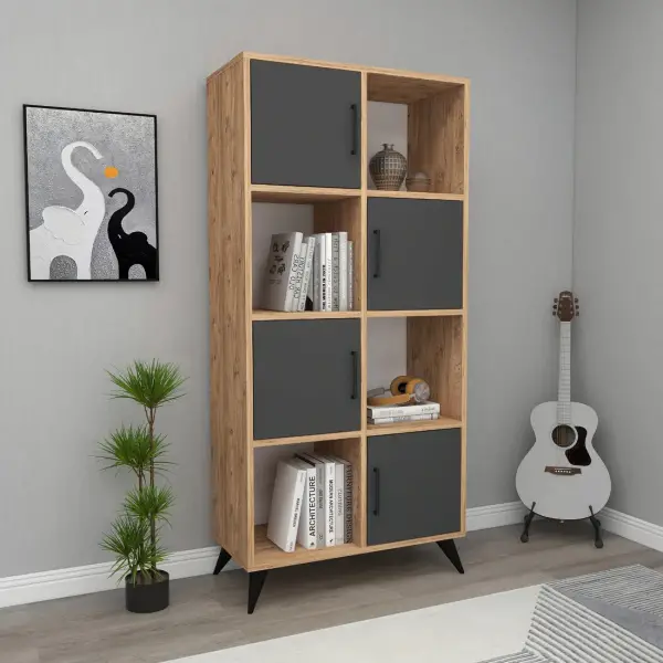 Nyx Bookcase with Cabinets and Shelves - Atlantic Pine / Anthracite