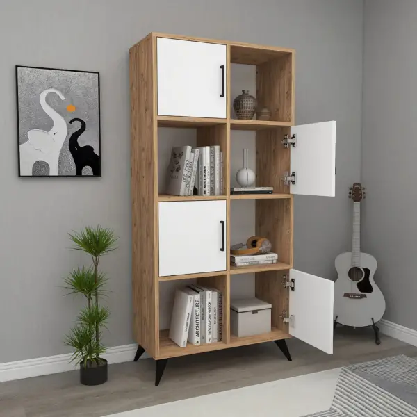 Nyx Bookcase with Cabinets and Shelves - Atlanric Pine / White