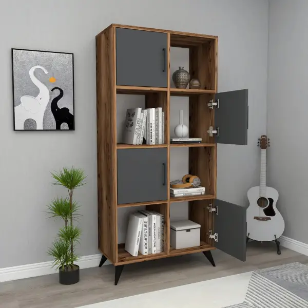 Nyx Bookcase with Cabinets and Shelves - Light Walnut / Anthracite