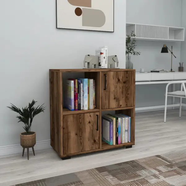 Vasilis Bookcase with Cabinets and Shelves - Light Walnut