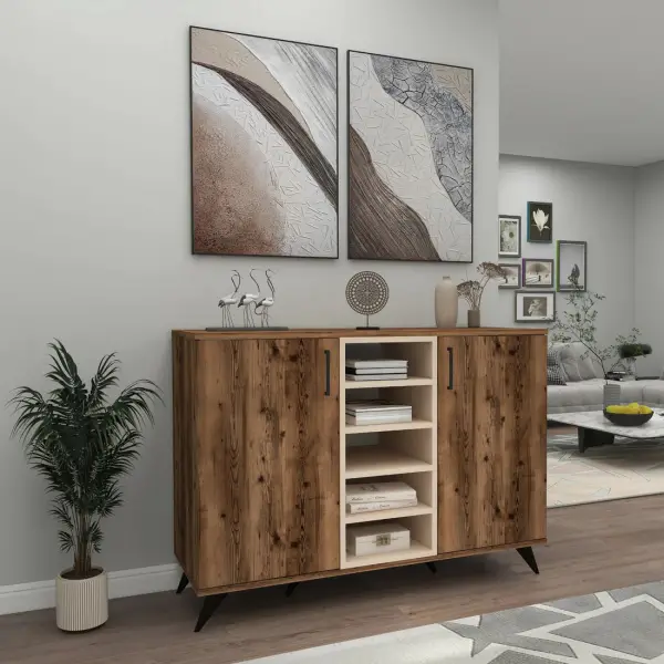 Octavia Sideboard with Cabinets and Shelves - Light Walnut / Beige