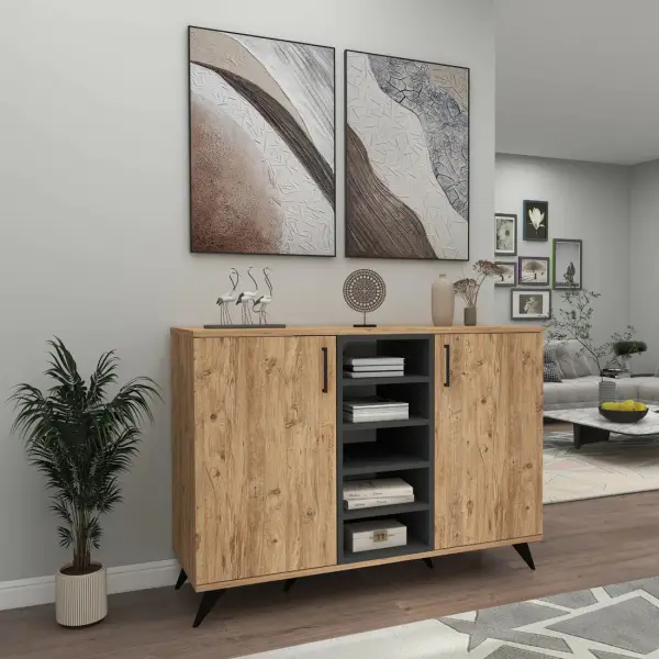 Octavia Sideboard with Cabinets and Shelves - Atlantic Pine / Anthracite