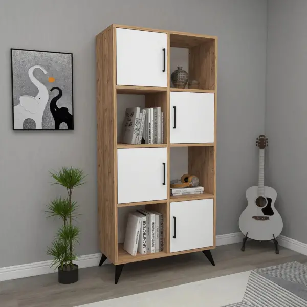 Nyx Bookcase with Cabinets and Shelves - Atlanric Pine / White