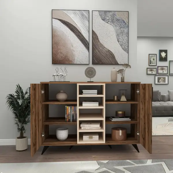 Octavia Sideboard with Cabinets and Shelves - Light Walnut / Beige