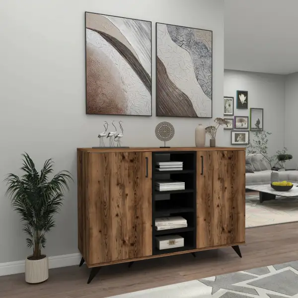 Octavia Sideboard with Cabinets and Shelves - Light Walnut / Black