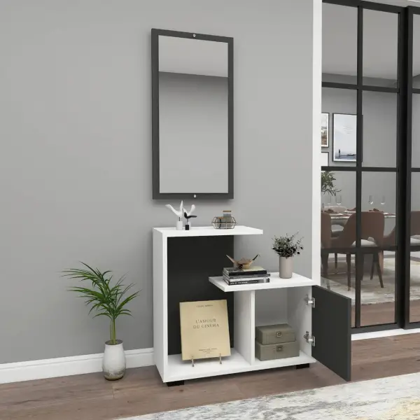 Ales Dresuar Console Table with Cabinet, Shelves and Mirror - Anthracite / White