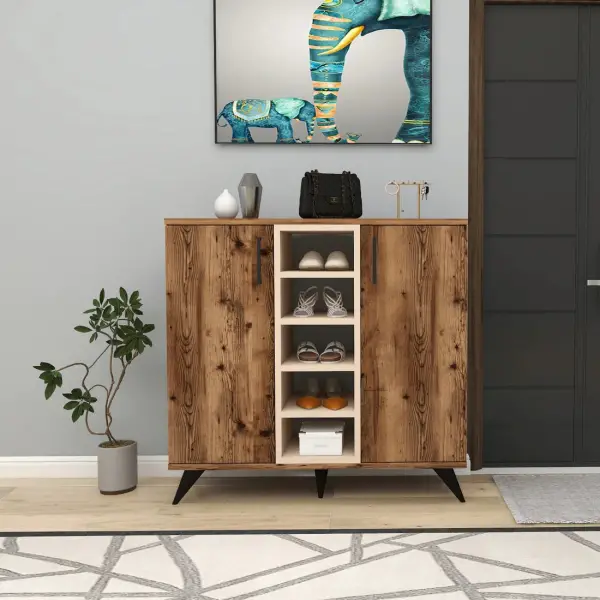 Leander Shoe Storage Shelf with Cabinet - Light Walnut / Beige