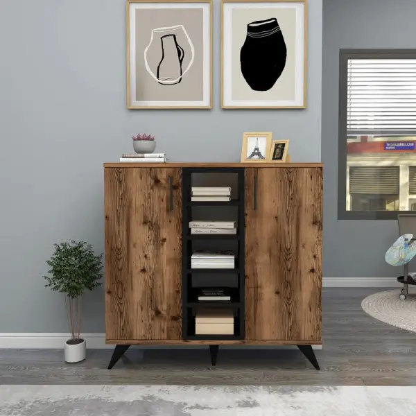 Leander Bookcase with Cabinets and Shelves - Light Walnut / Black