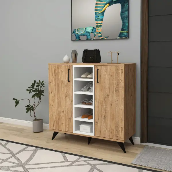 Leander Shoe Storage Shelf with Cabinet - Atlantic Pine / White