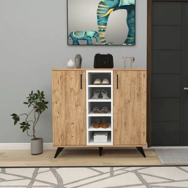 Leander Shoe Storage Shelf with Cabinet - Atlantic Pine / White