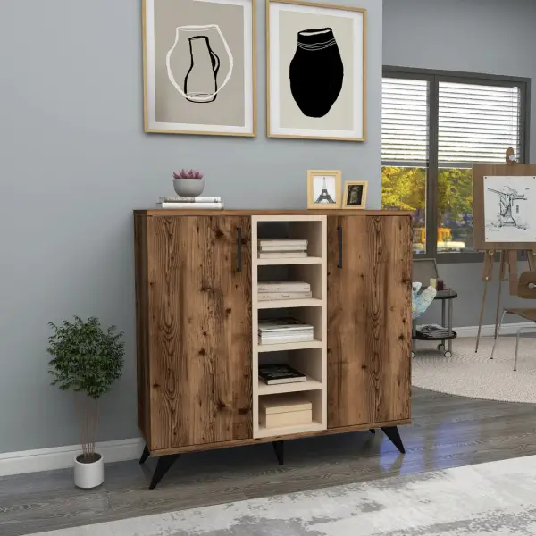 Leander Bookcase with Cabinets and Shelves - Light Walnut / Beige