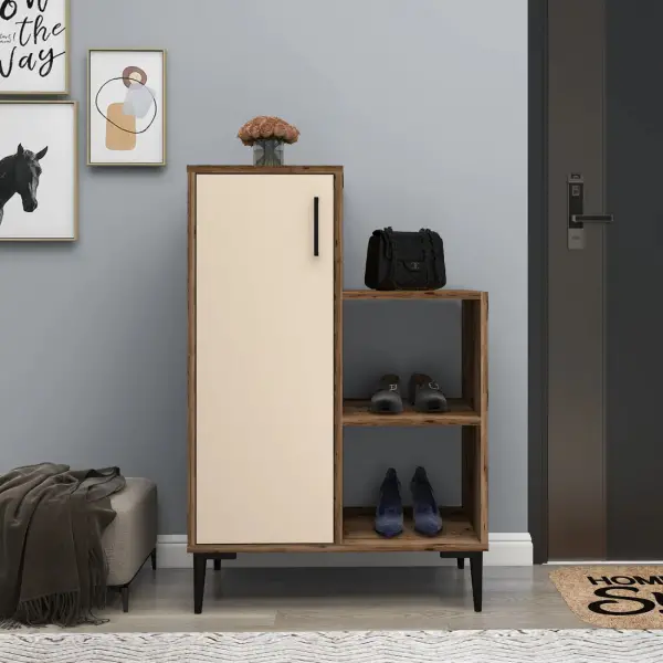 Beate Shoe Storage Shelf with Cabinet - Light Walnut / Beige