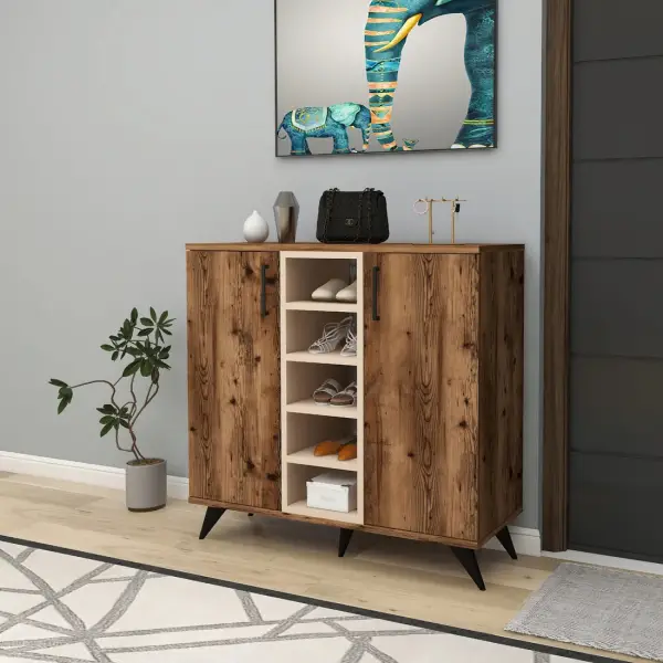 Leander Shoe Storage Shelf with Cabinet - Light Walnut / Beige