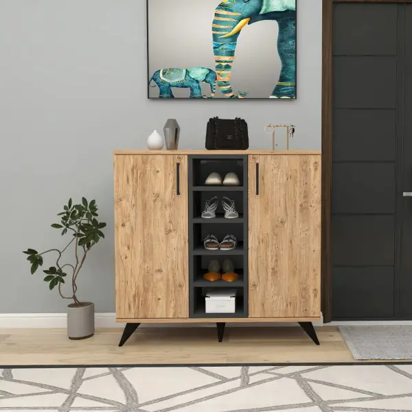 Leander Shoe Storage Shelf with Cabinet - Atlantic Pine / Anthracite