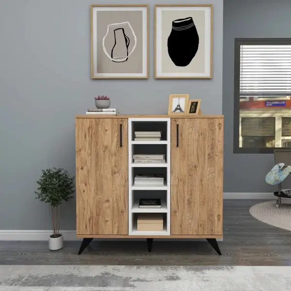 Leander Bookcase with Cabinets and Shelves - Atlantic Pine / White