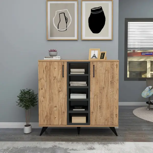 Leander Bookcase with Cabinets and Shelves - Atlantic Pine / Anthracite
