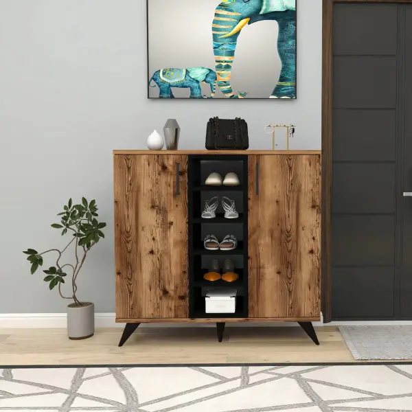 Leander Shoe Storage Shelf with Cabinet - Light Walnut / Black