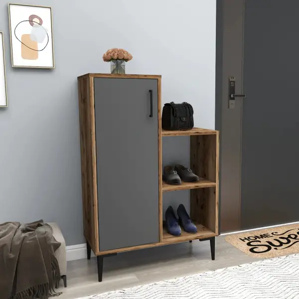 Beate Shoe Storage Shelf with Cabinet - Light Walnut / Anthracite