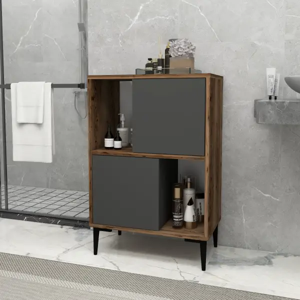 Jeremy Bathroom Cabinet with Shelves - Light Walnut & Anthracite