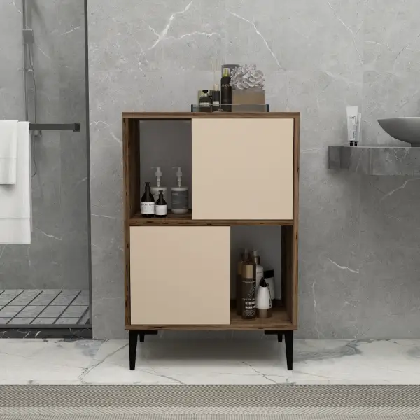Jeremy Bathroom Cabinet with Shelves - Light Walnut & Beige