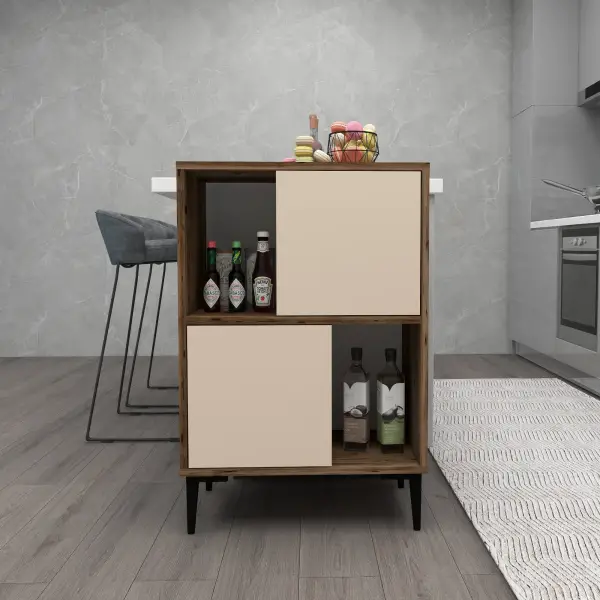 Jeremy Kitchen Cabinet with Shelves - Light Walnut & Beige