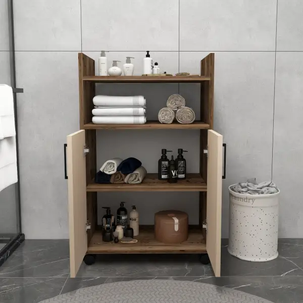 Tyler Bathroom Cabinet with Shelves - Light Walnut & Beige
