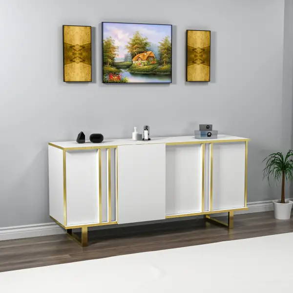 Fido Sideboard with Cabinets and Shelves - White & Gold