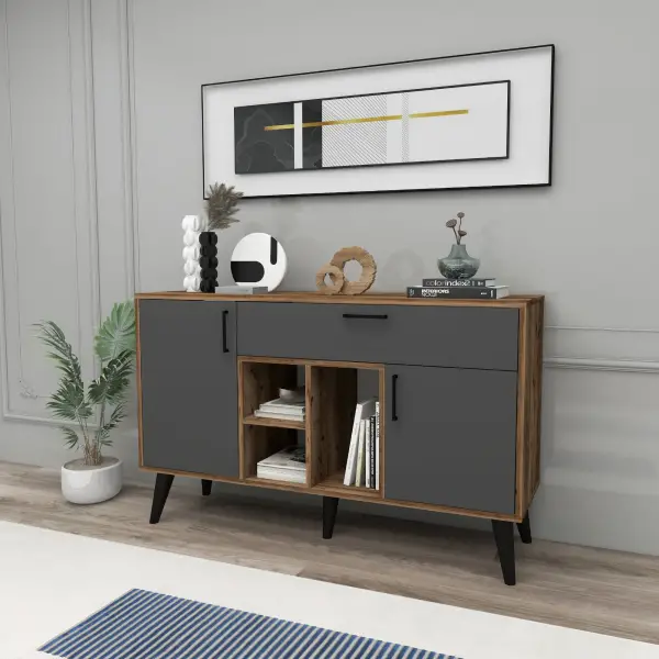 Timo Sideboard with Cabinets and Shelves - Light Walnut & Anthracite