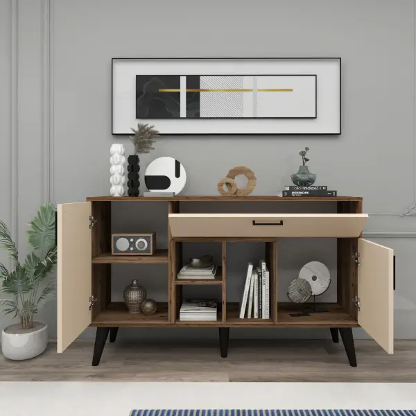 Timo Sideboard with Cabinets and Shelves - Light Walnut & Beige