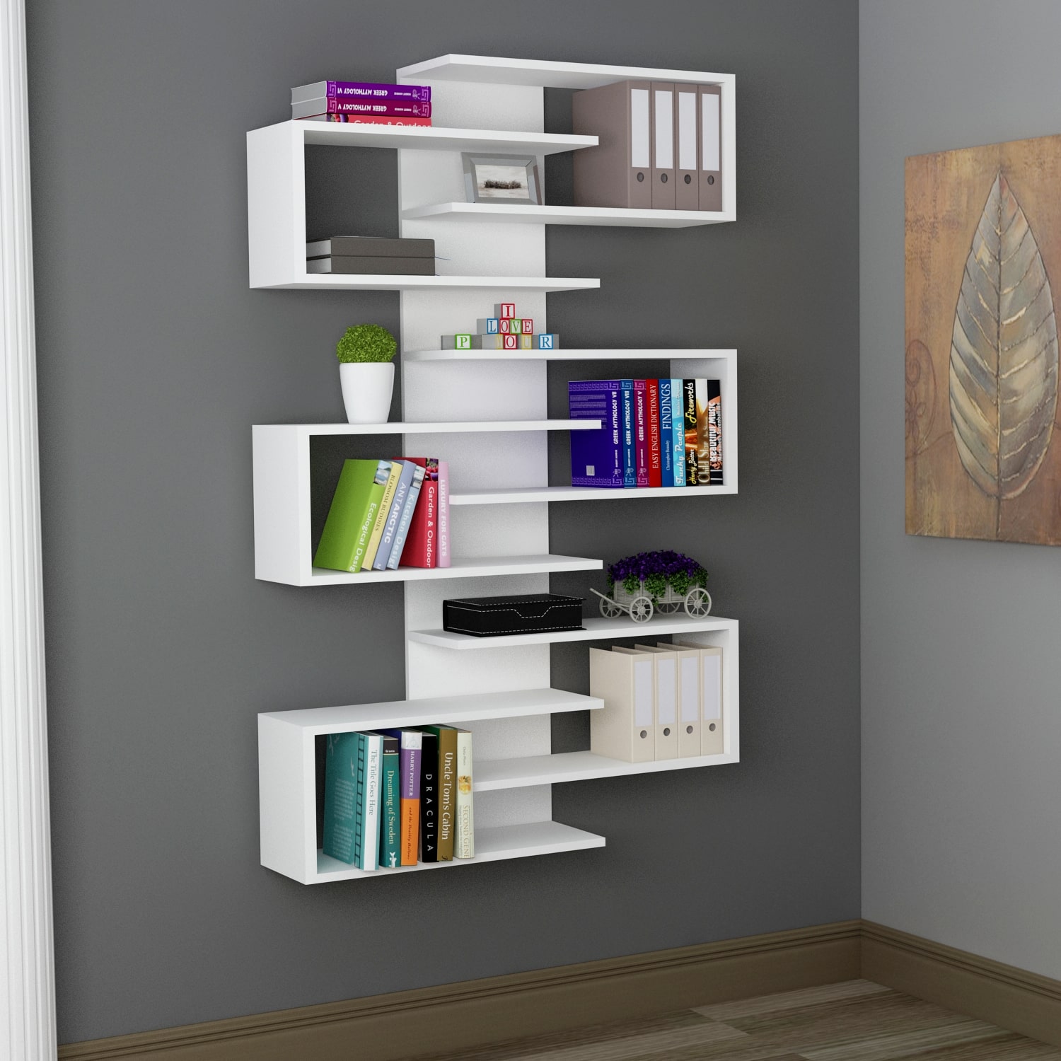 Rozalin Bookcase with Geometric Shelves White Netsan Furniture