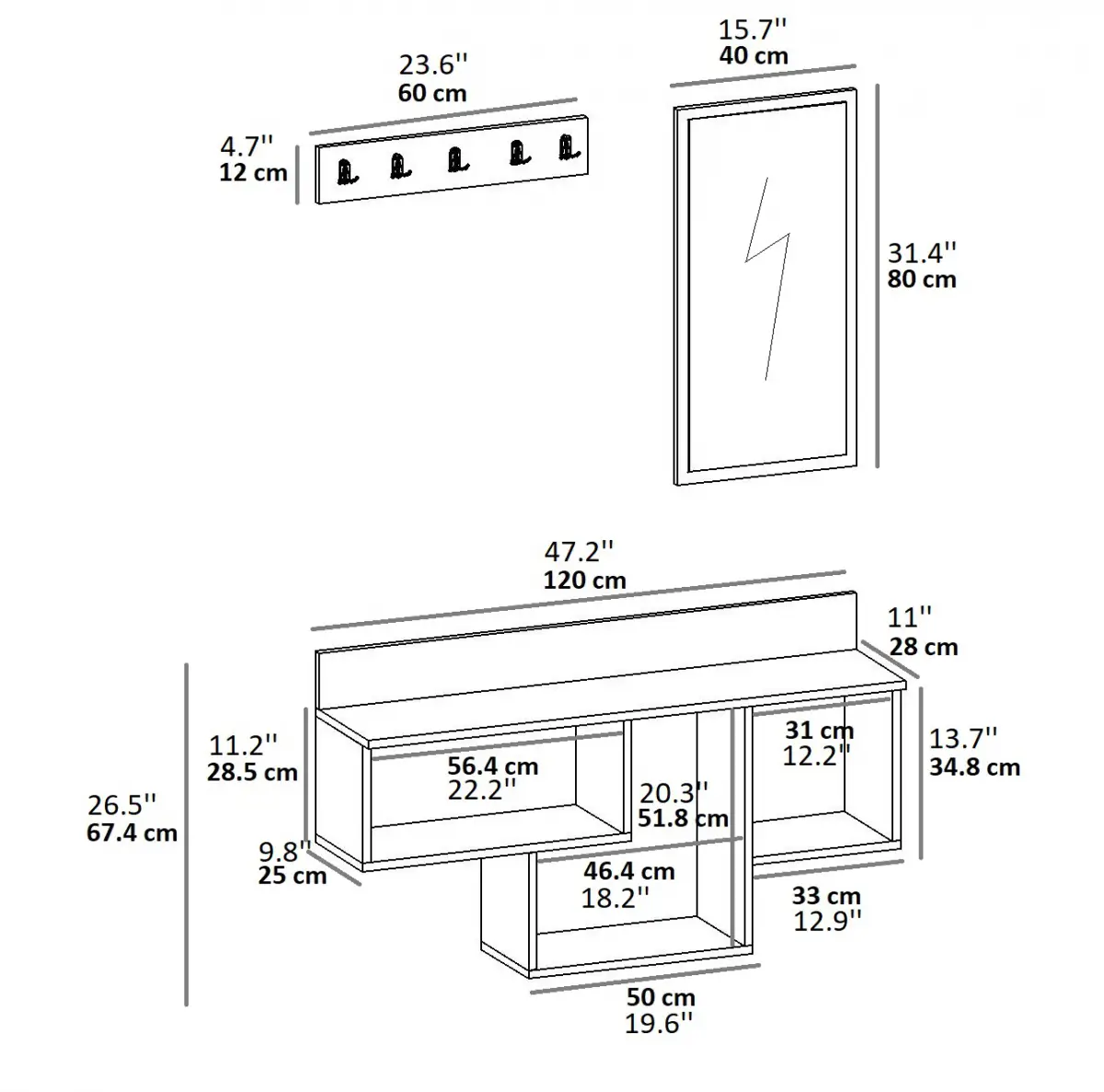 Placido Wall Mounted Dresuar Console Table with Mirror and Hooks - Black Marble & Gold