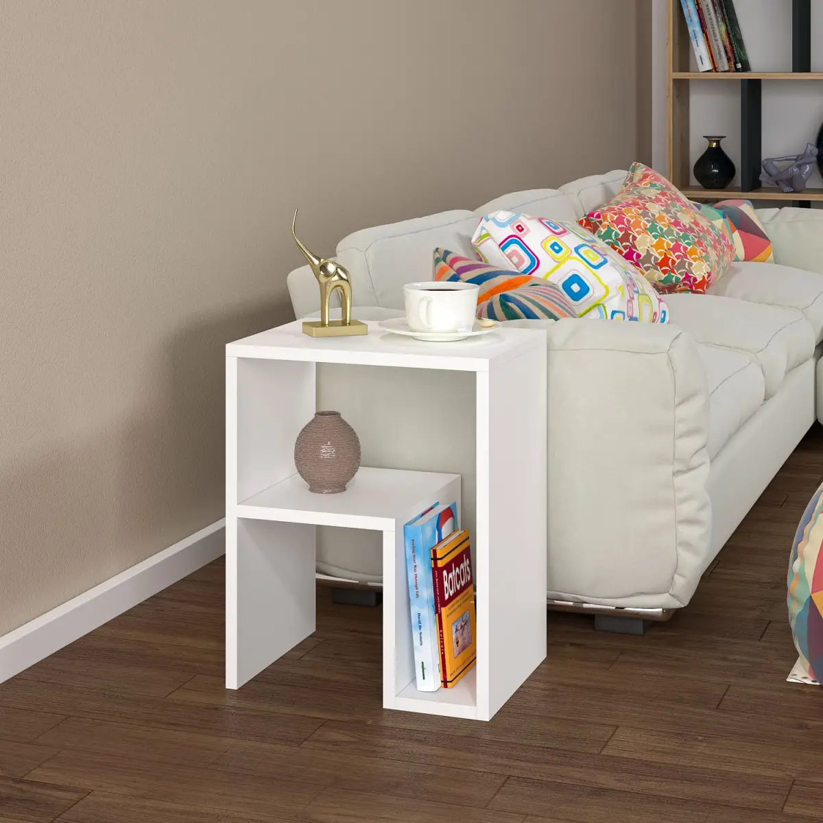 Salvia Side Table with Storage Shelf - White