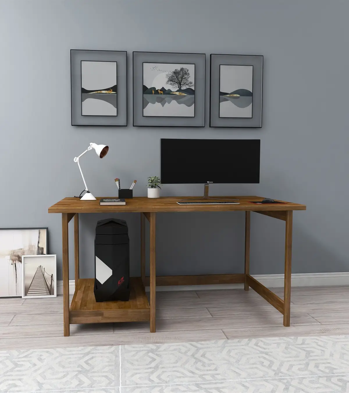 Faye Wood Computer Desk with Shelf - Walnut