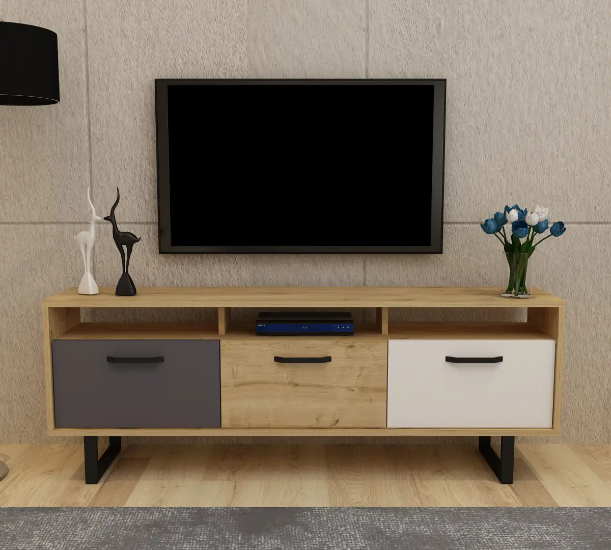 Agustine TV Stand with Cabinets and Drawers - Oak, Anthracite & White
