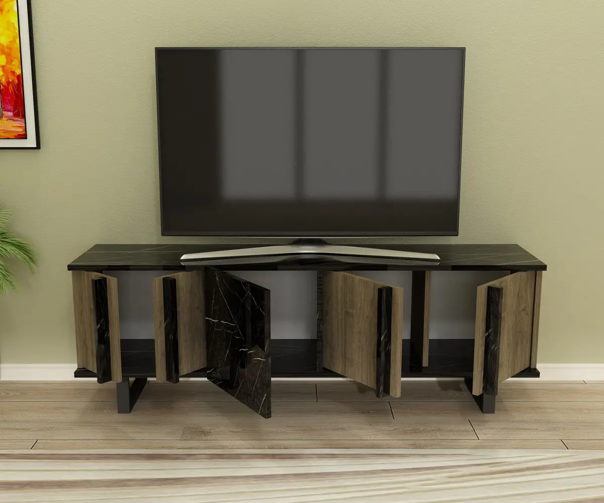 Fido TV Stand with Cabinet Shelves - Walnut & Black Marble Effect