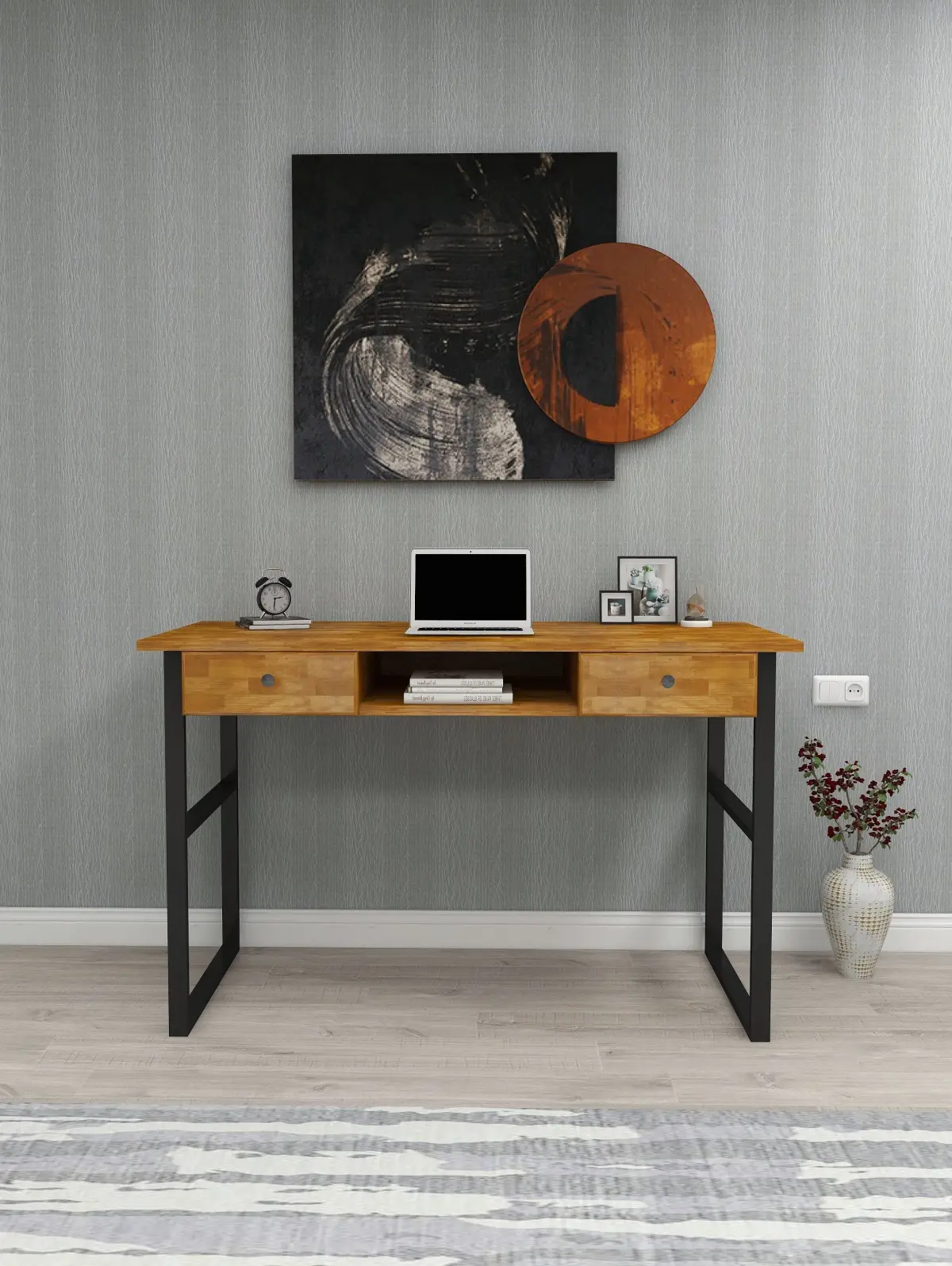 Elowen Wood Metal Computer Desk - Oak & Black