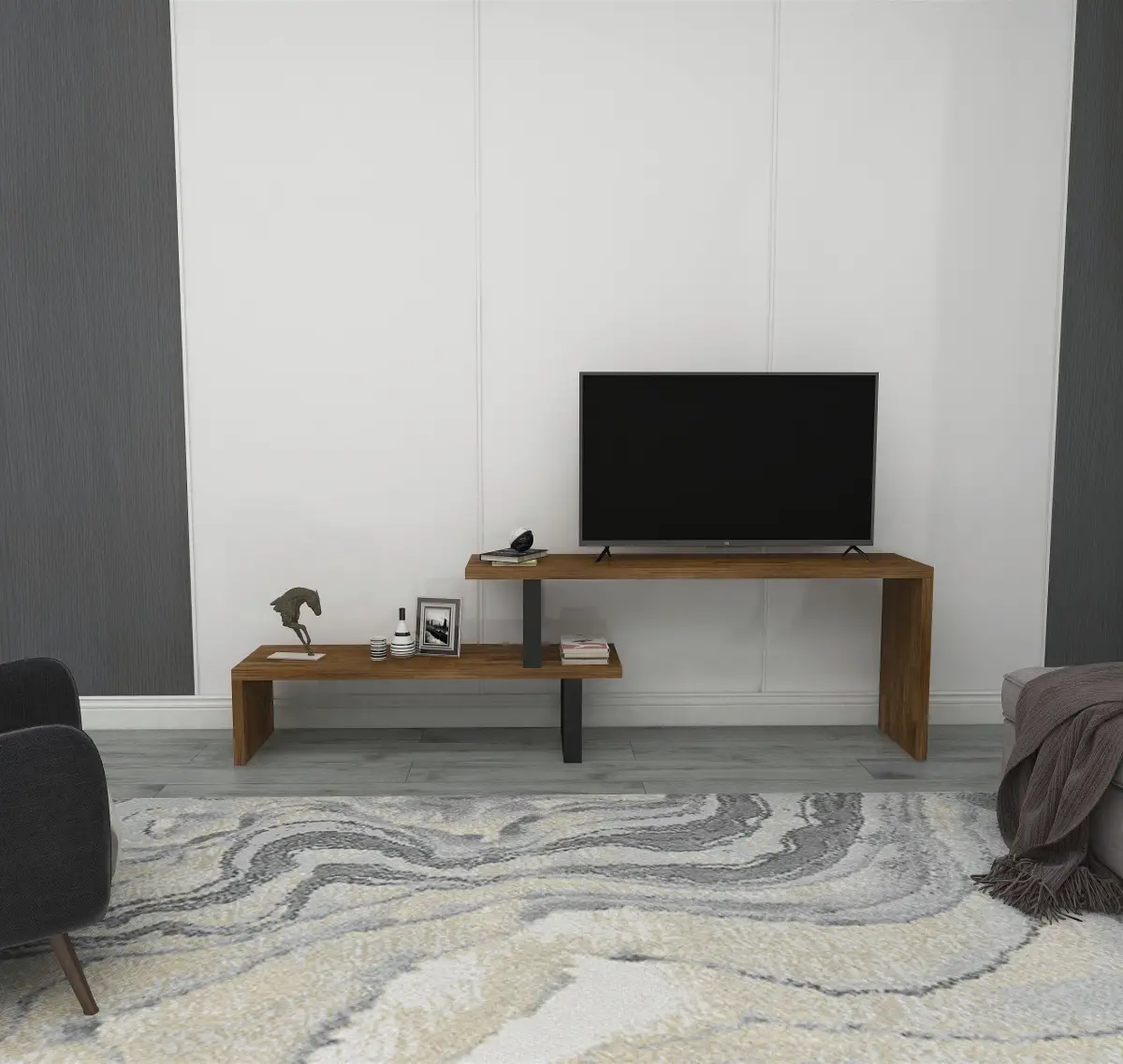 Lucian Wood Metal TV Stand - Walnut & Black