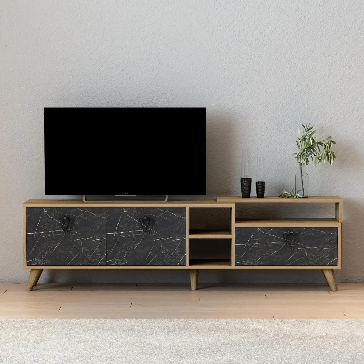 Lilium TV Stand with Cabinets and Shelves - Walnut & Black Marble Effect