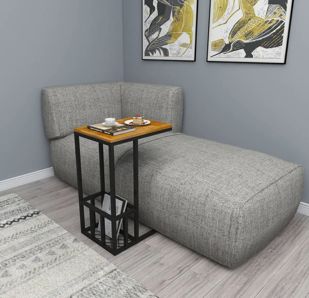 Romy Wood Metal C-Shape Side Table - Oak & Black