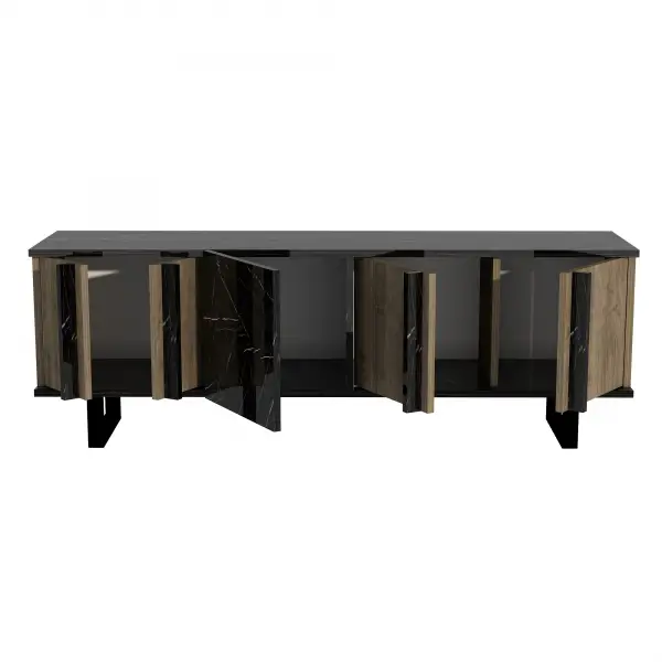 Fido TV Stand with Cabinet Shelves - Walnut & Black Marble Effect