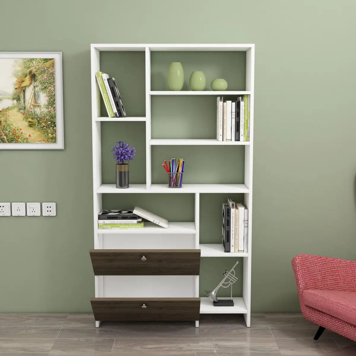 Julian Bookcase with Cabinets and Shelves - White & Walnut