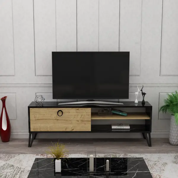 Oslo TV Stand with Cabinet and Shelves - Black Marble Effect & Sapphire Oak